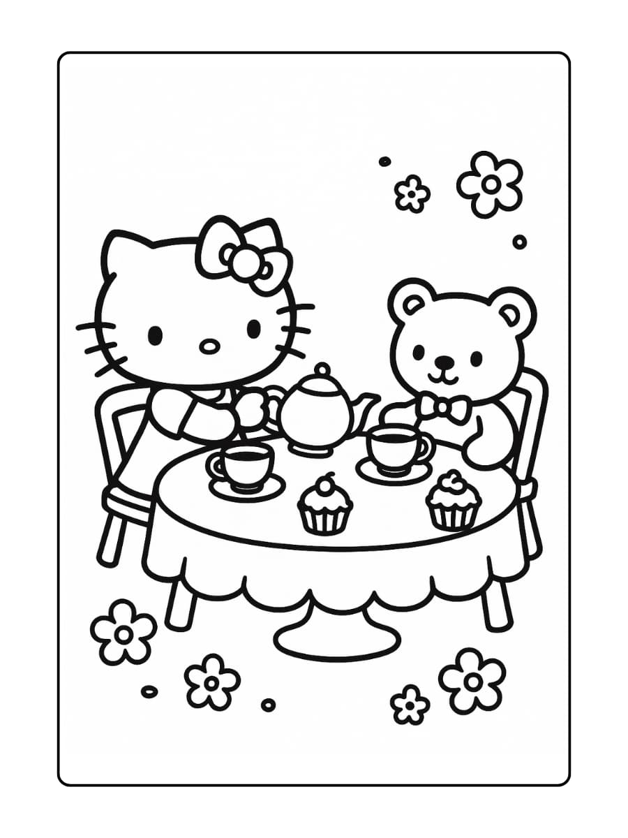 Hello Kitty en haar teddybeer zitten aan een tafel met theekopjes, cupcakes en bloemen