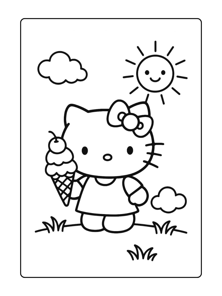 Hello Kitty geniet van een ijsje met drie bolletjes en een kers erop, onder een vrolijke zon
