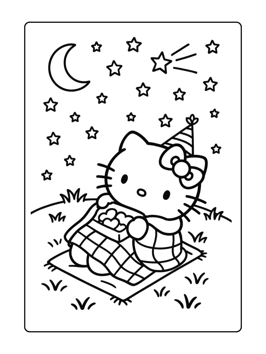 Hello Kitty gewikkeld in een deken, liggend op het gras, wijzend naar sterren en een vallende ster