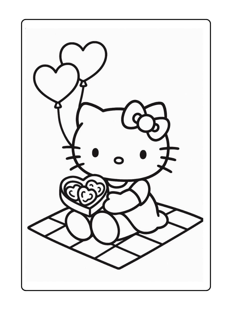 Valentijnspicknick – Hello Kitty met een doos hartvormige koekjes in haar handen, zittend op een picknickkleed met hartballonnen