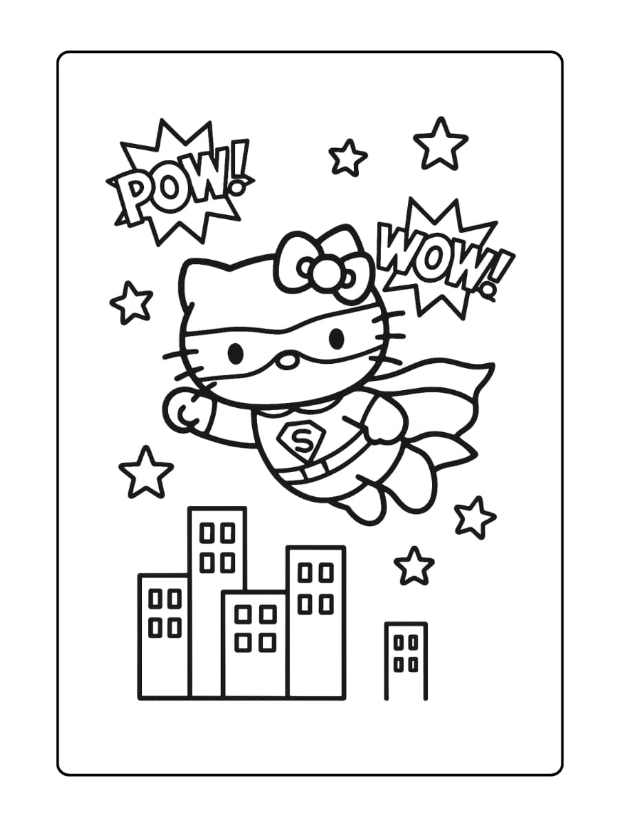 Super Kitty – Hello Kitty in een cape en masker, vliegend boven gebouwen met stripboekachtige “POW!”- en “WOW!”-sterren