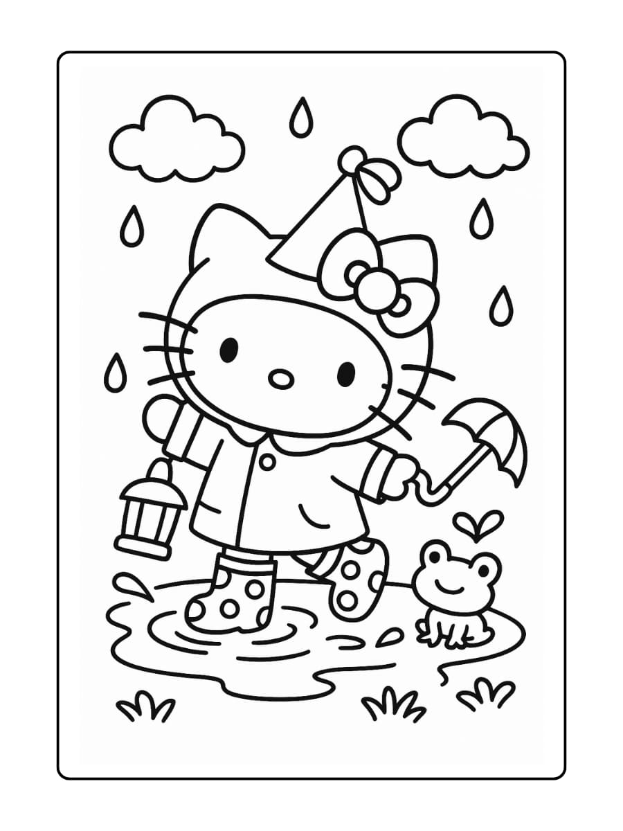 Hello Kitty in een regenjas en laarzen met stippen, springend in plassen met een kikker in de buurt