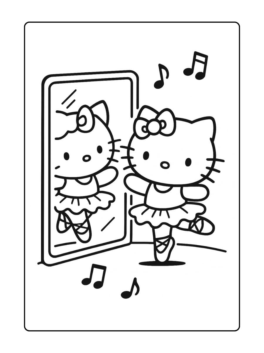 Hello Kitty in een tutu die een pirouette maakt voor een spiegel met zwevende muzieknoten