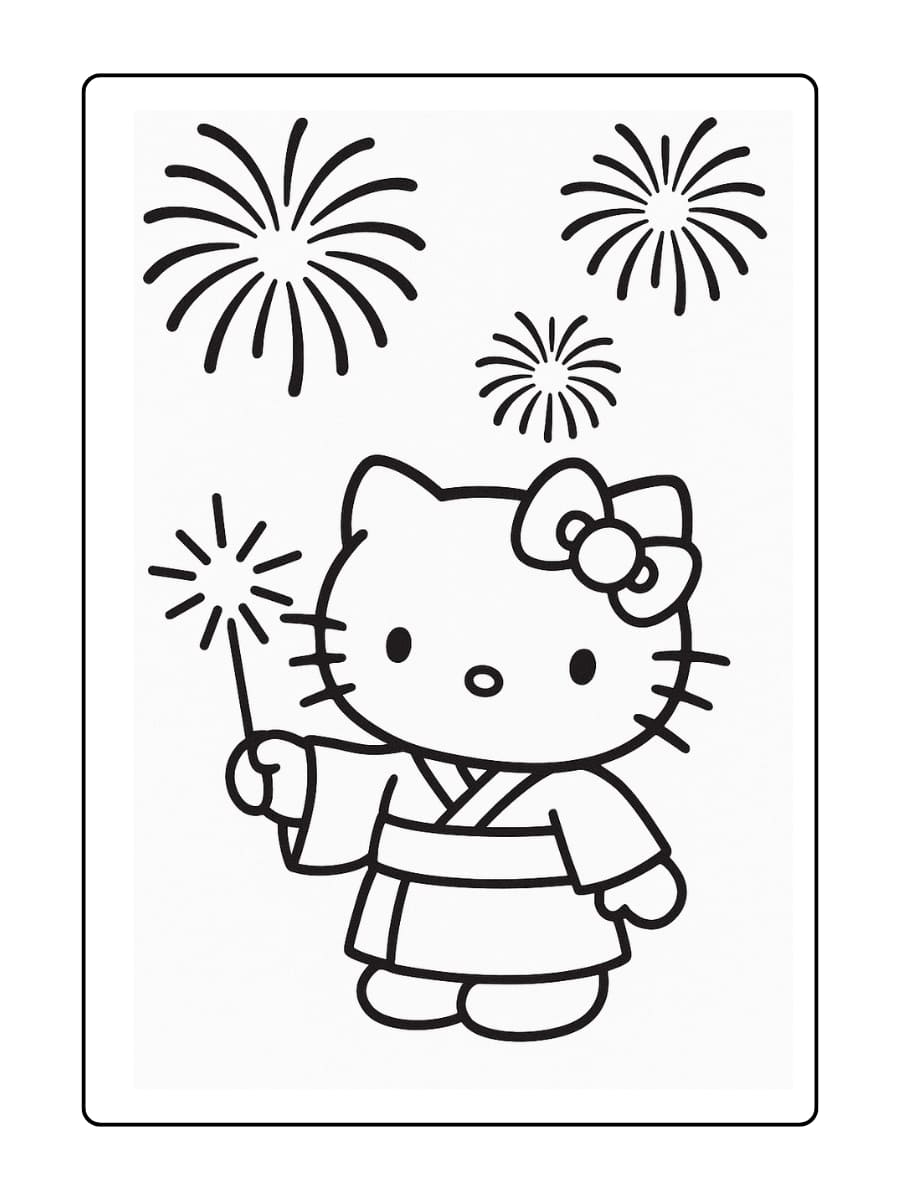 Hello Kitty kijkt naar vuurwerk in de lucht terwijl ze een glinsterende toverstaf vasthoudt
