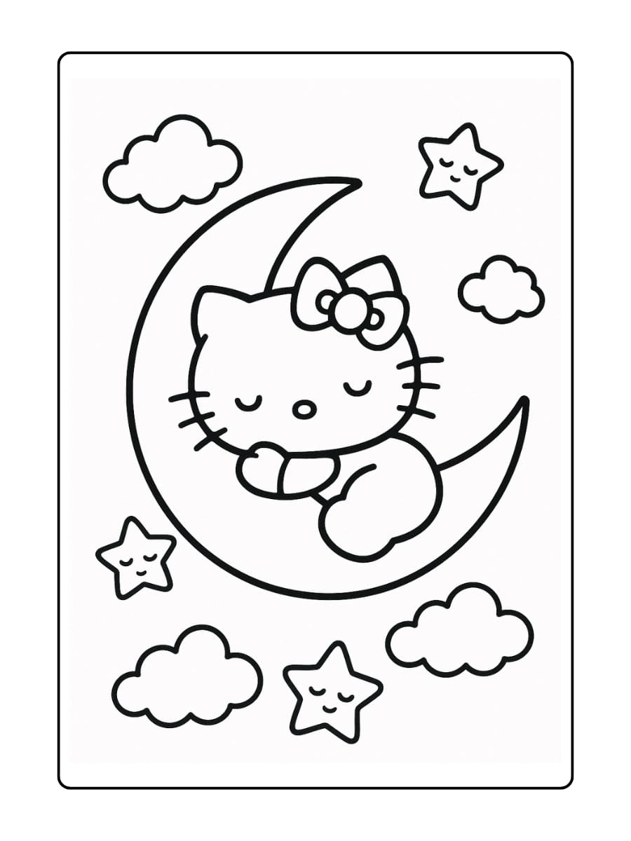 Hello Kitty ligt opgerold op een halve maan met slapende sterren en wolken