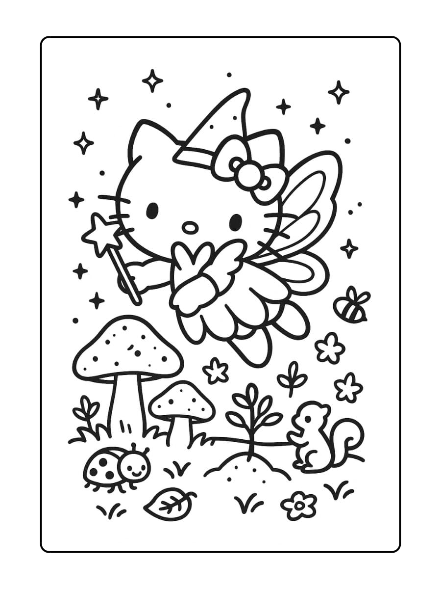 Hello Kitty met glinsterende vleugels die tussen gloeiende paddenstoelen en kleine boswezens vliegt