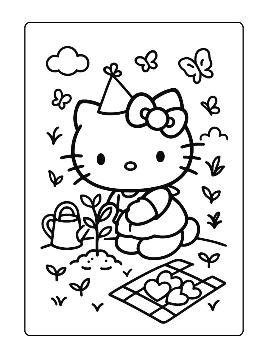 Earth Day Garden – Hello Kitty plant een klein boompje met een gieter, omringd door vlinders en kleine spruitjes