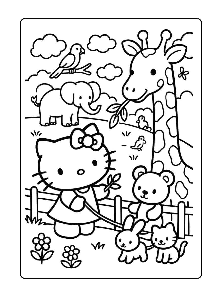 Hello Kitty voert een giraffe over een kort hek, met olifanten en papegaaien op de achtergrond