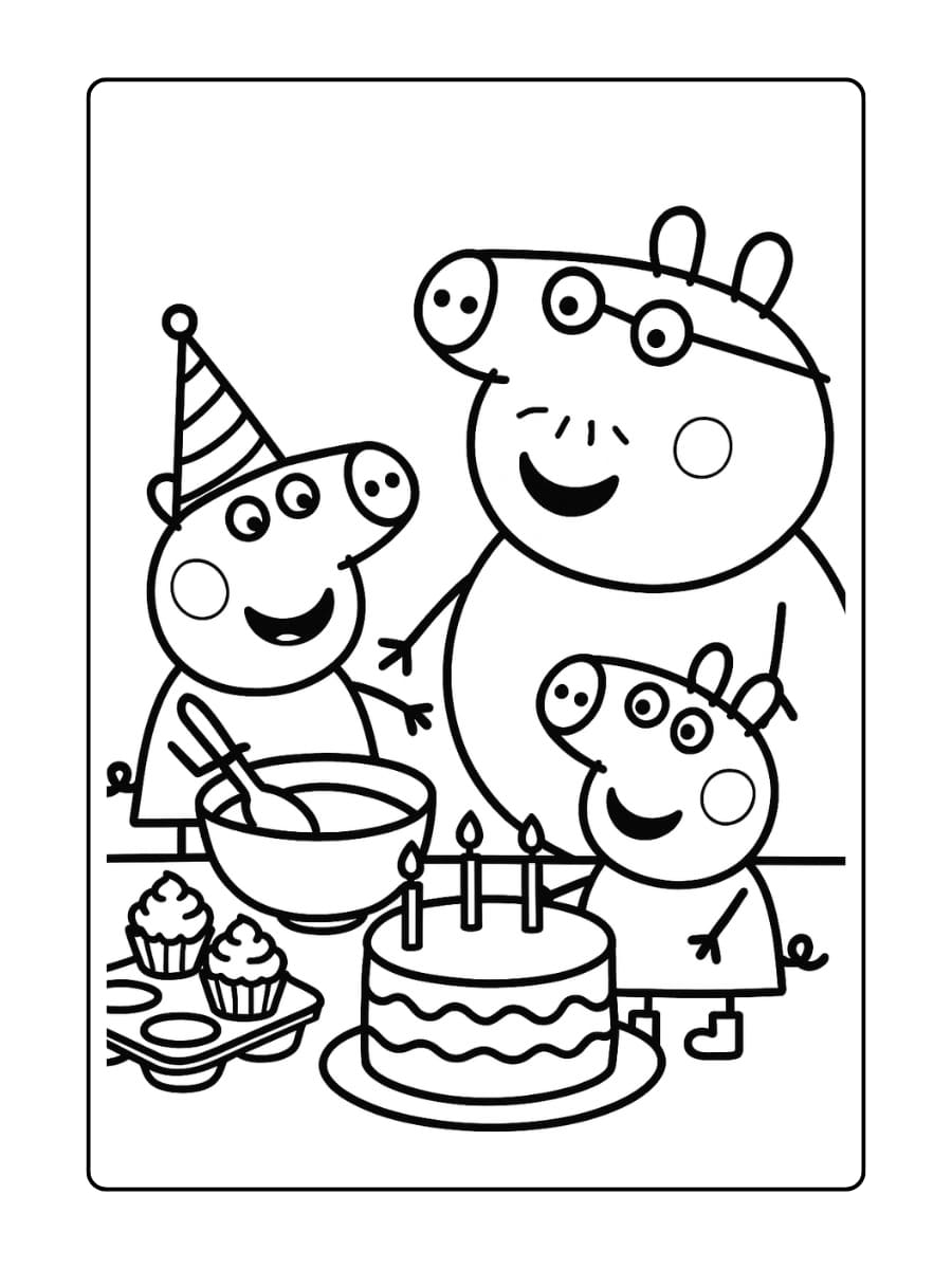 Kleurplaat van Peppa Pig en Mummy Pig die samen een verjaardagstaart bakken.