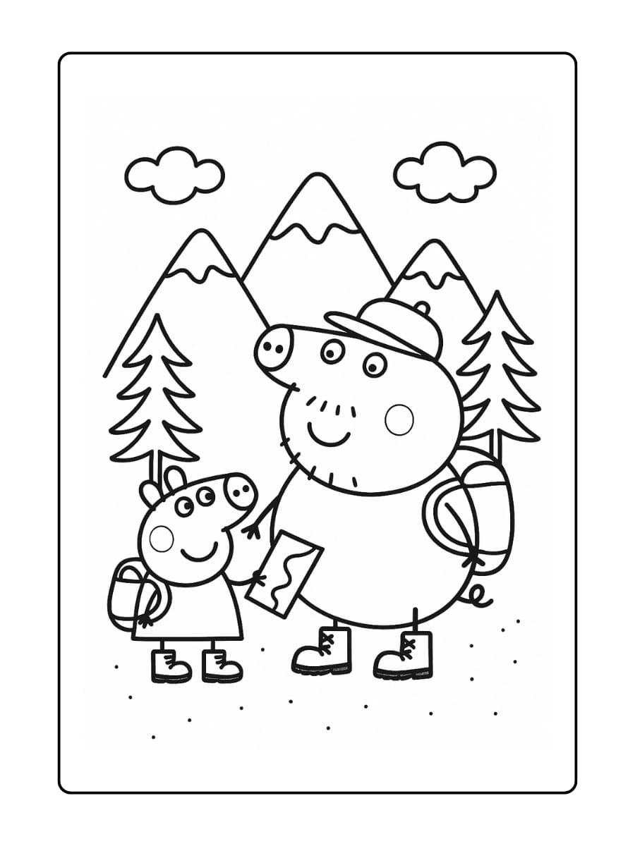 Kleurplaat van Peppa Pig die met Opa Big de bergen bezoekt.