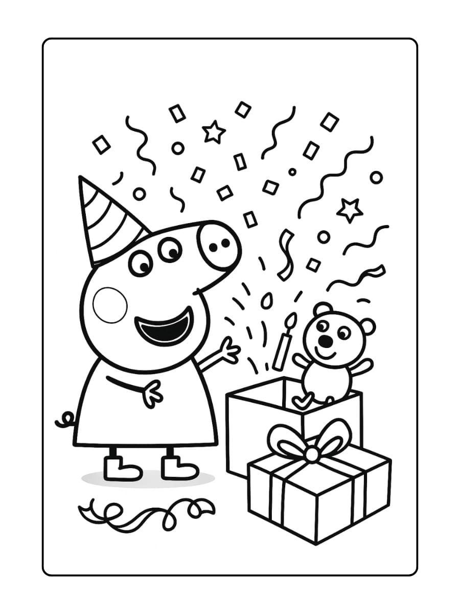 Peppa kijkt naar vuurwerk op haar verjaardag. Een nachtelijke hemel met simpele sterren en "WOW!"-gezichten.