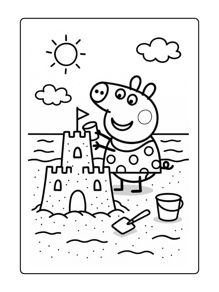 Kleurplaat van Peppa Pig die een gigantisch zandkasteel bouwt op het strand.