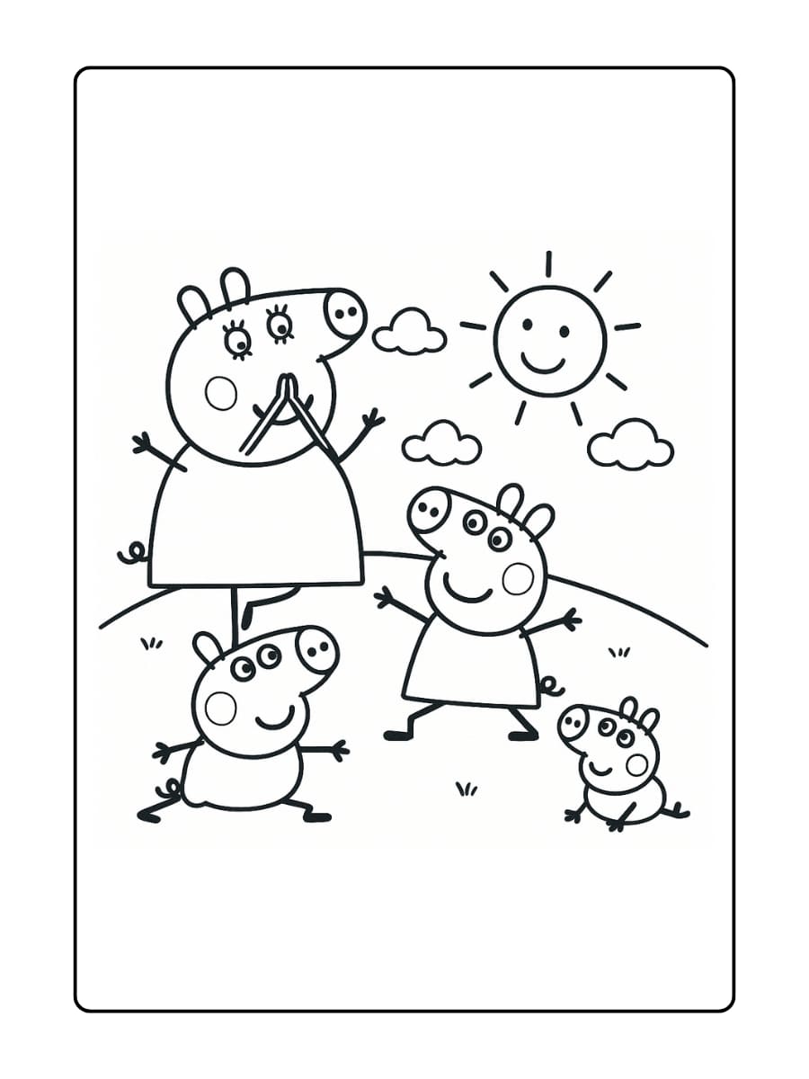 Kleurplaat van Peppa en George die ochtendyoga doen samen met Mummy Pig.