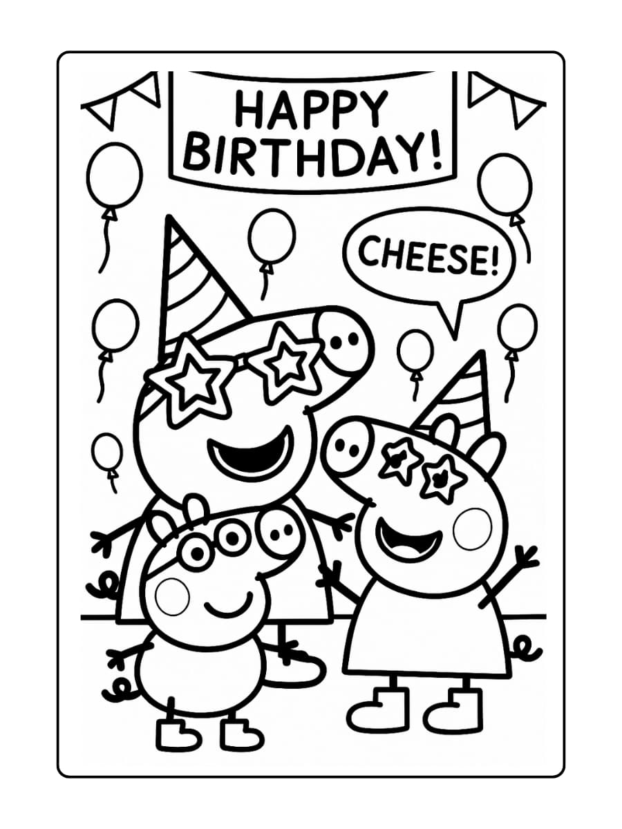 Kleurplaat van Peppa en George in een fotohokje met feestaccessoires, lachend voor de camera.