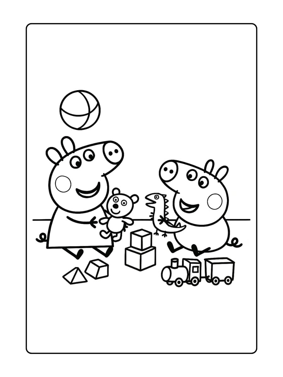 Kleurplaat van Peppa en George die samen vrolijk met speelgoed spelen.