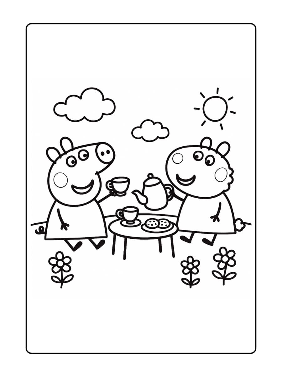 Kleurplaat van Peppa en Suzy Schaap die samen een gezellig theekransje houden.