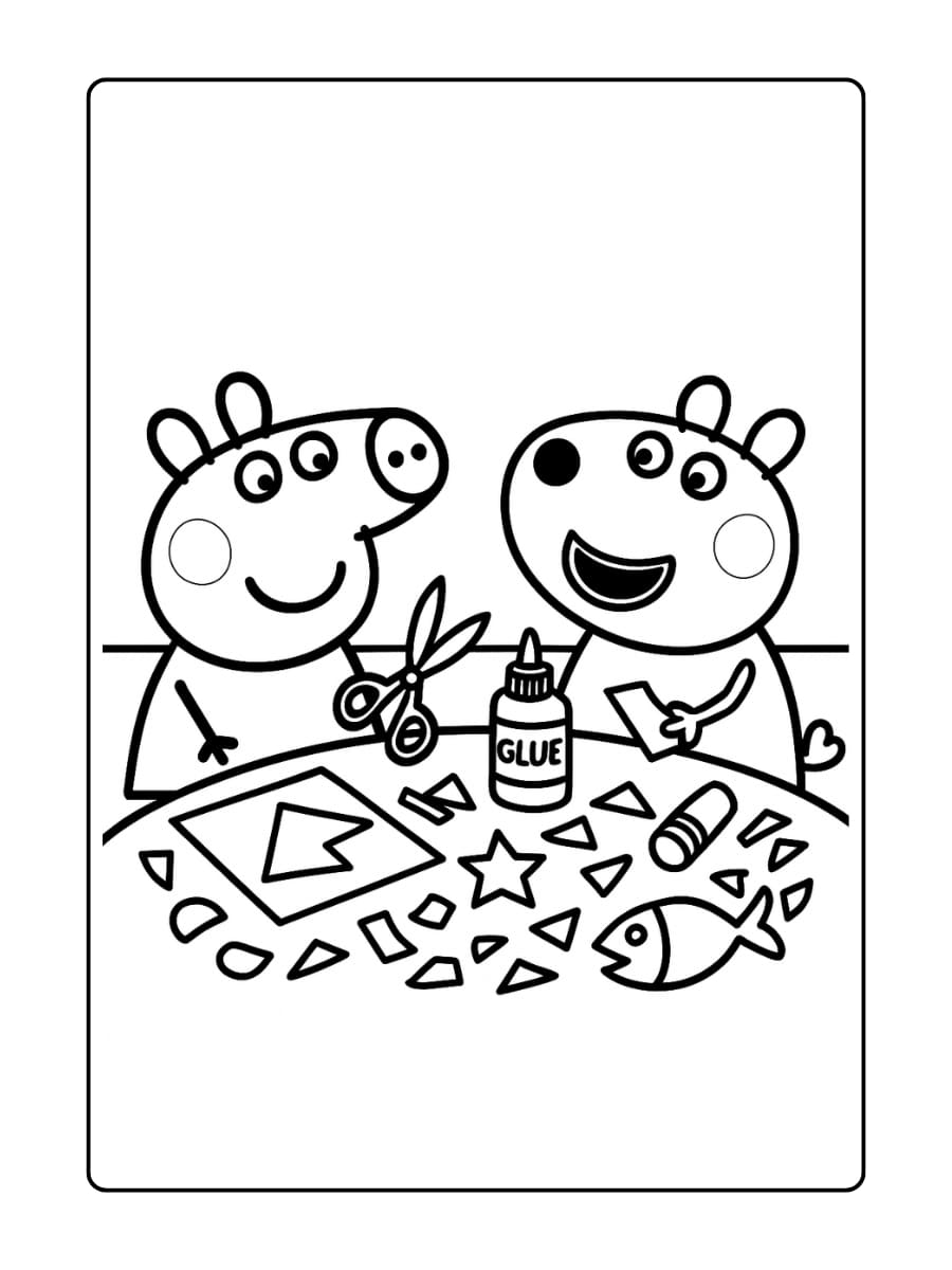Kleurplaat van Peppa en Suzy Schaap die samen papierknutsels maken.