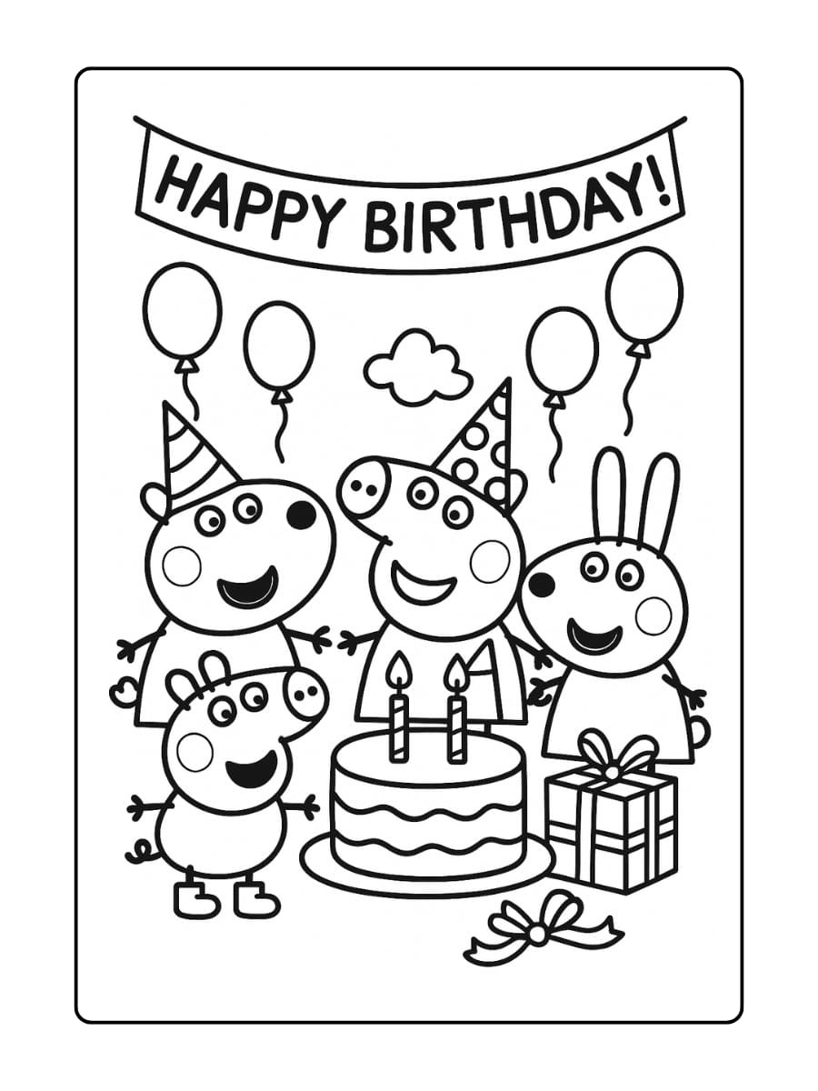 Peppa en familie hangende decoraties Kleurplaat van Peppa en haar familie die feestdecoraties ophangen in huis.