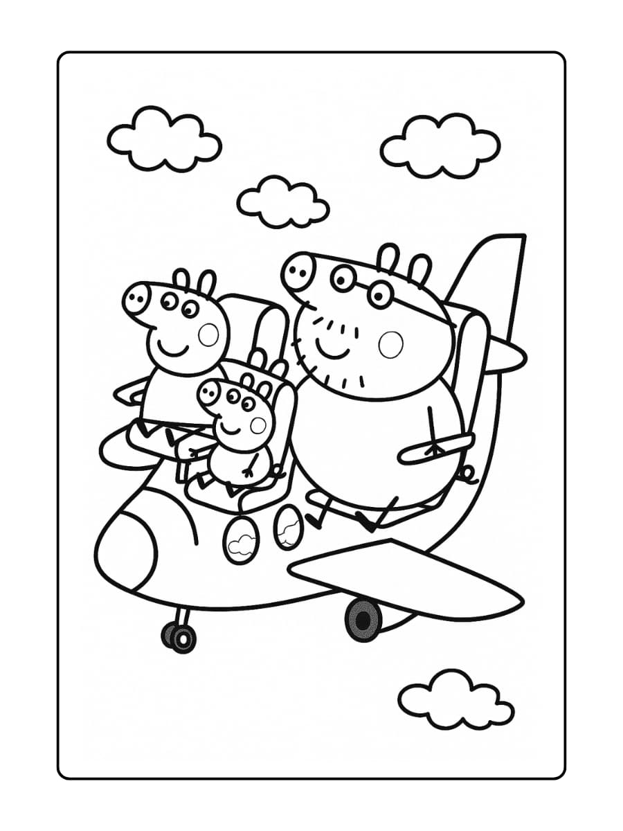 Kleurplaat van Peppa en haar familie die samen in een vliegtuig zitten.