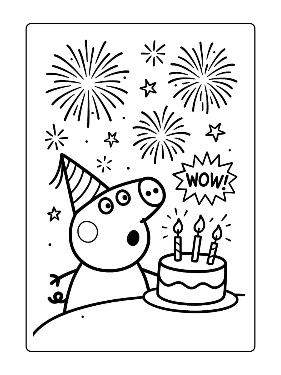 Kleurplaat van Peppa Big die omhoog kijkt naar een lucht vol vuurwerk terwijl ze een feestmuts draagt.