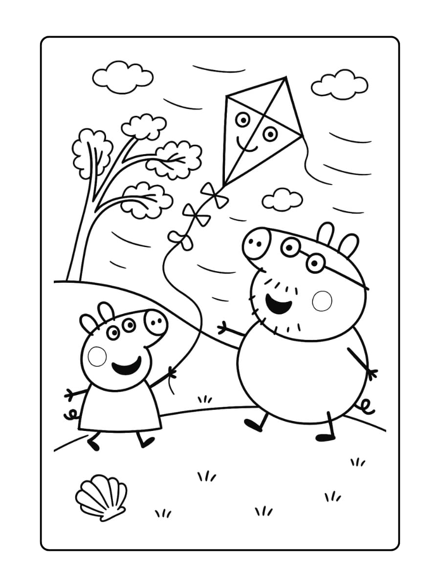 Kleurplaat van Peppa en Papa Big die samen een vlieger laten op een winderige dag.
