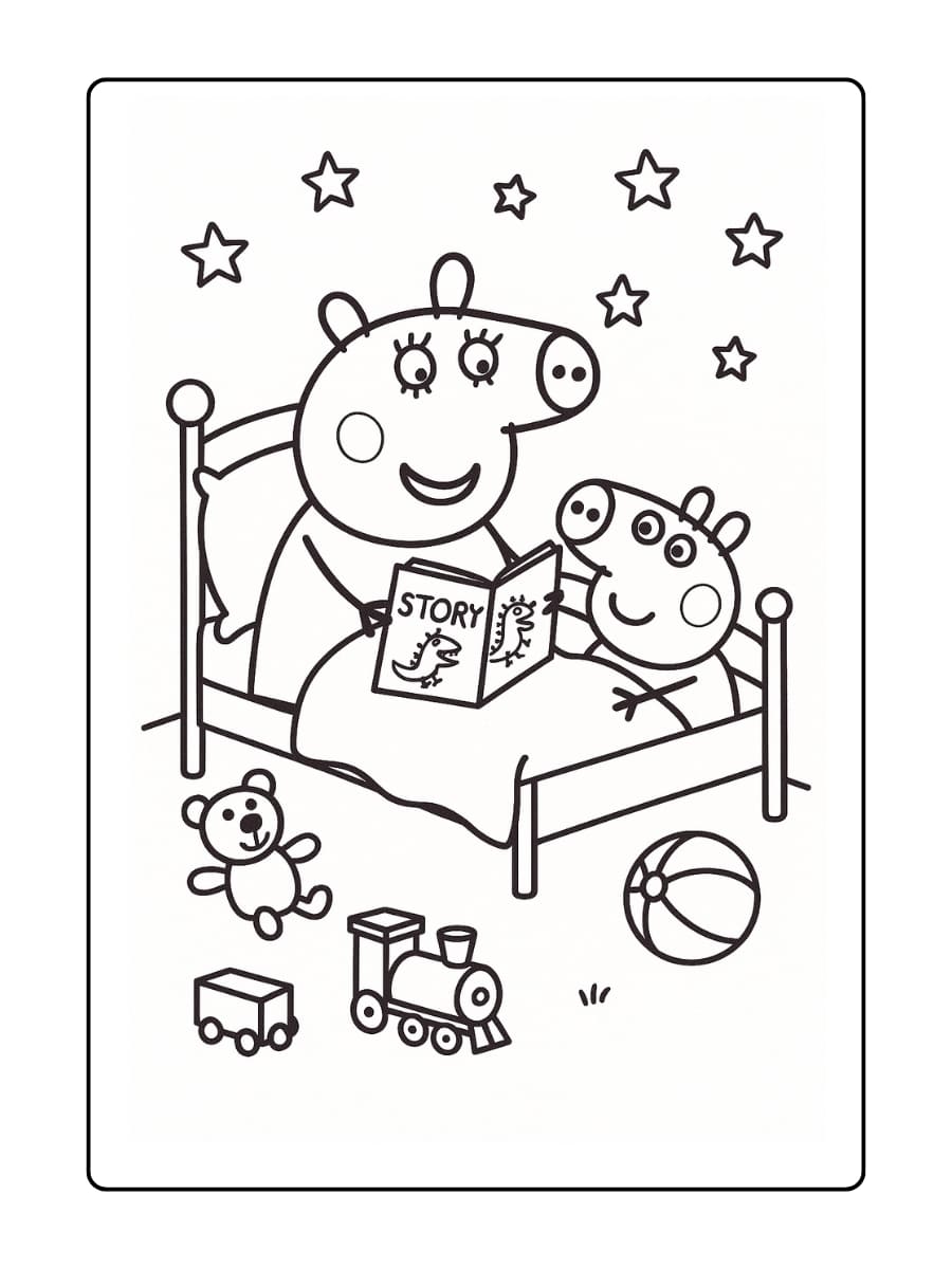 Kleurplaat van Peppa die George een verhaaltje voorleest voor het slapengaan.