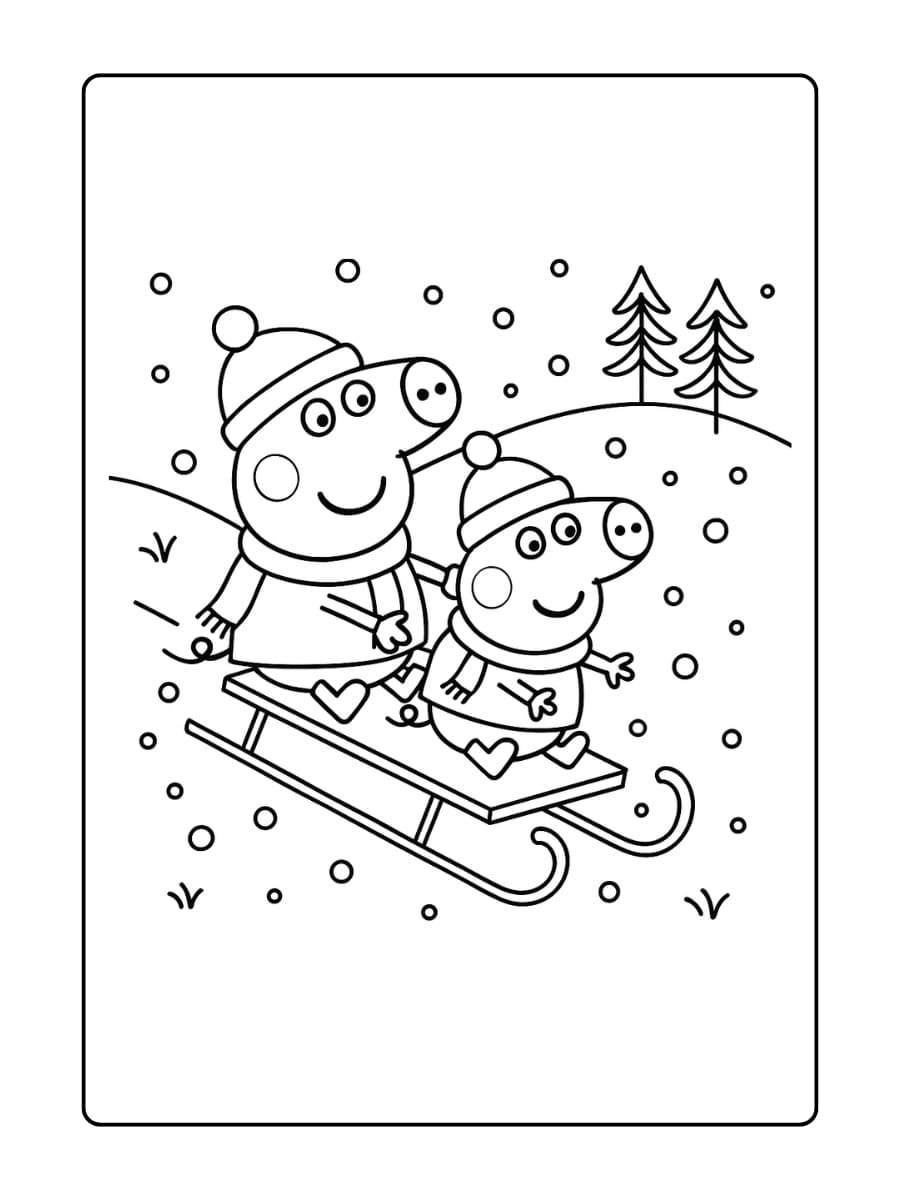 Kleurplaat van Peppa Pig en George die samen op een besneeuwde heuvel sleeën.