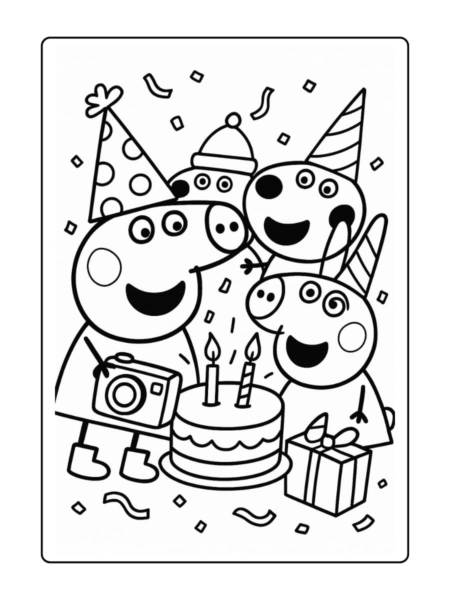 Kleurplaat van Peppa die samen met haar vrienden een vrolijk verjaardagsfeestje viert, met ballonnen, slingers en taart.