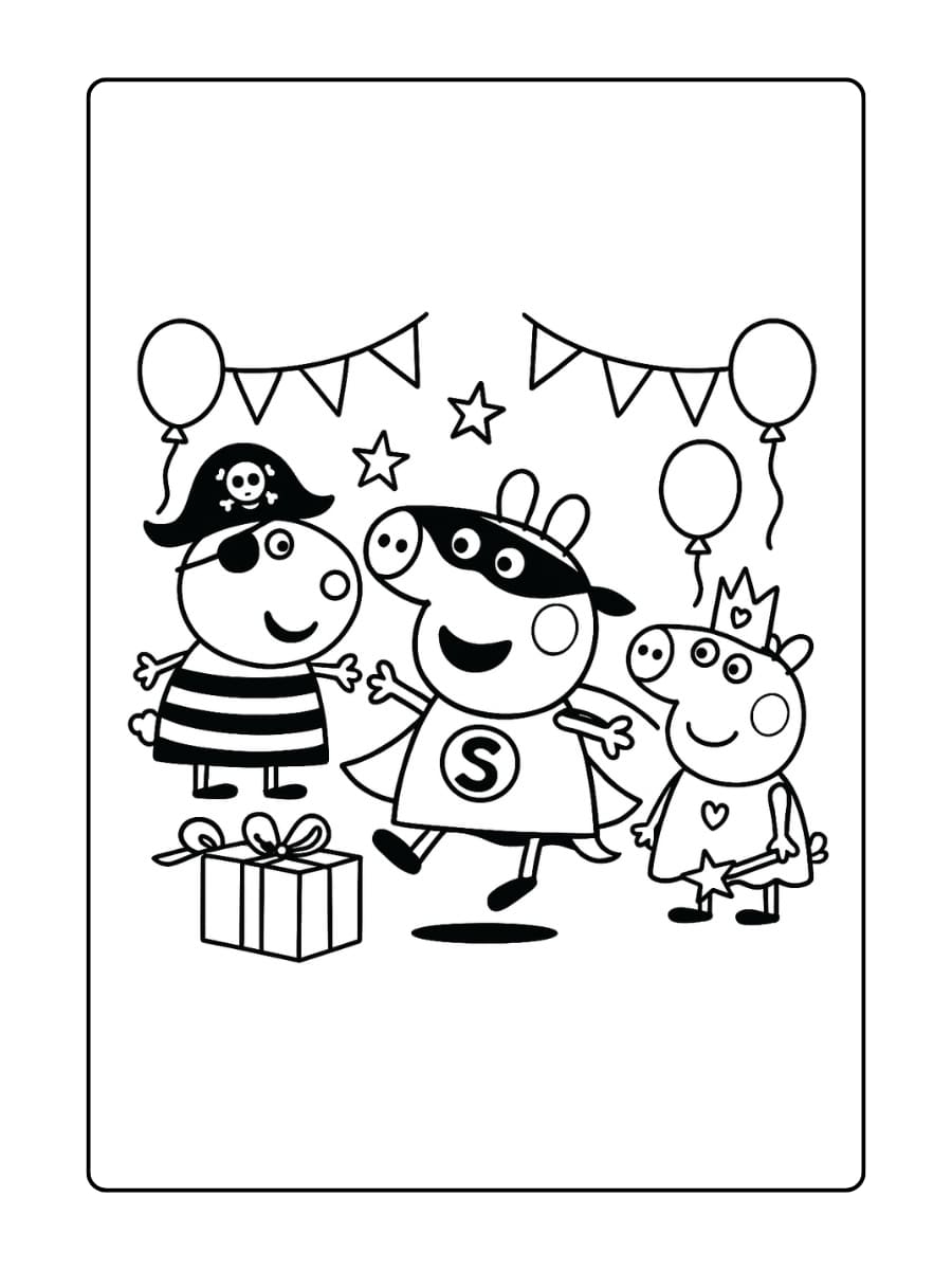 Kleurplaat van Peppa Pig verkleed als superheld op een vrolijk verkleedfeestje.