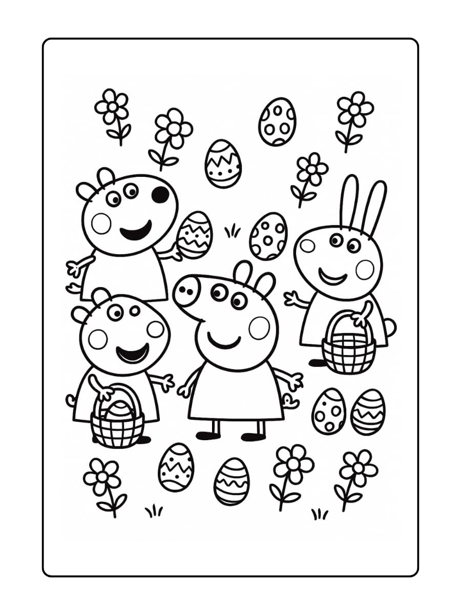 Kleurplaat van Peppa Pig die paaseieren zoekt samen met haar vriendjes in een zonnige tuin.