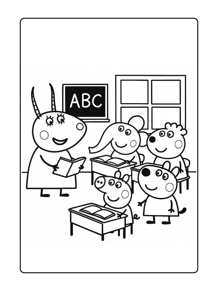 Kleurplaat van Peppa Pig in het klaslokaal samen met Madame Gazelle.