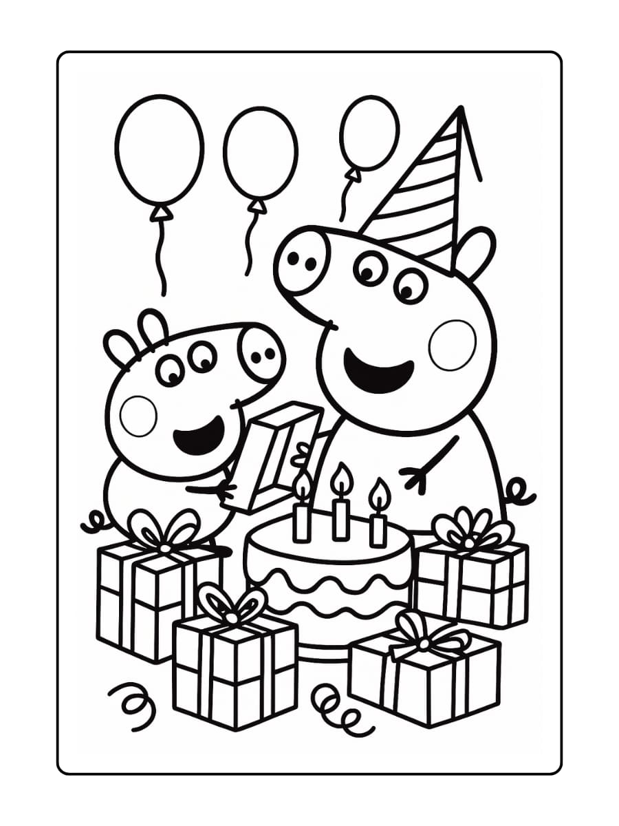 Kleurplaat van Peppa en George die samen cadeautjes openen tijdens een verjaardagsfeestje.