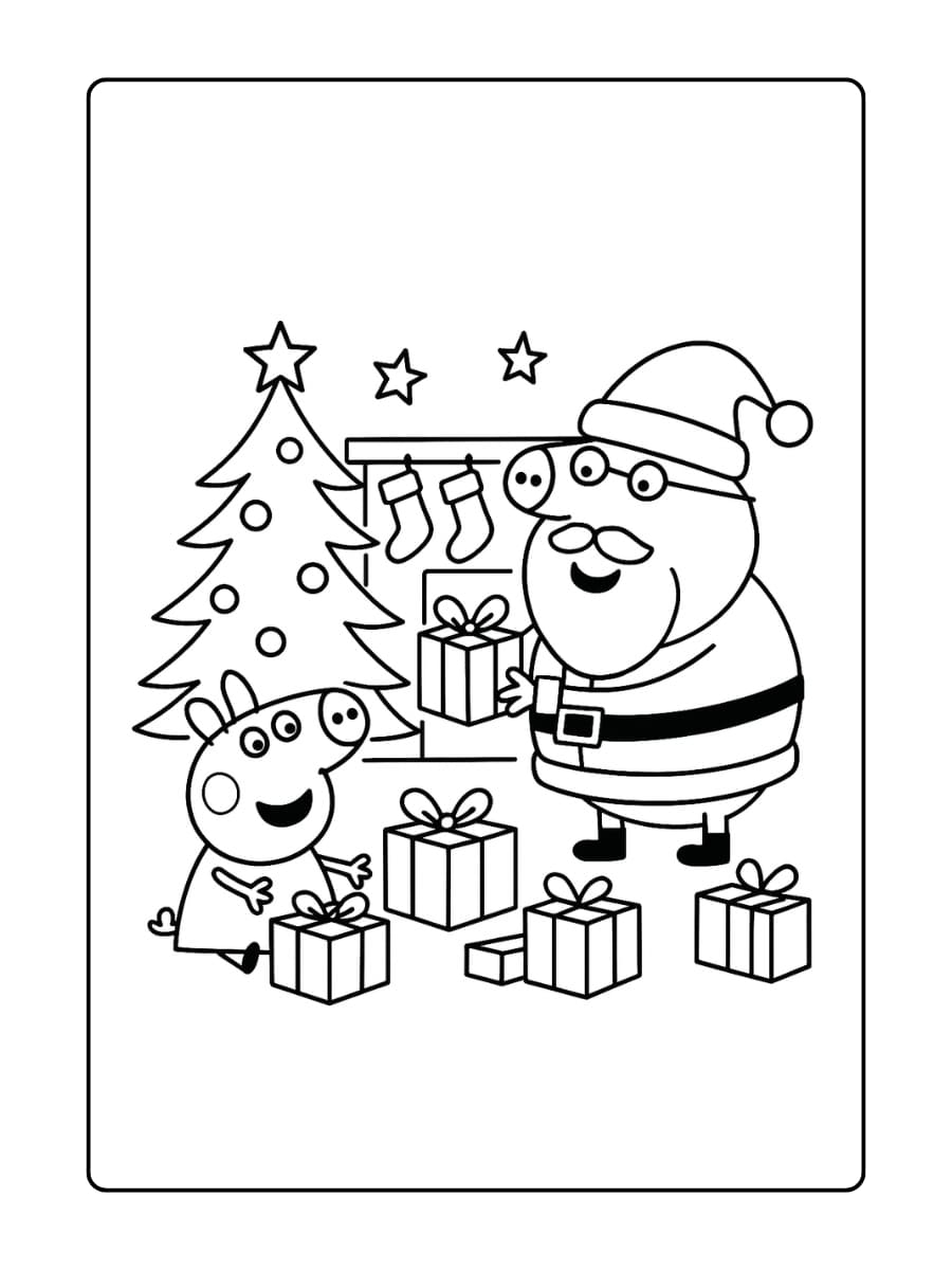 Kleurplaat van Peppa Pig die kerstcadeautjes opent bij de kerstboom.