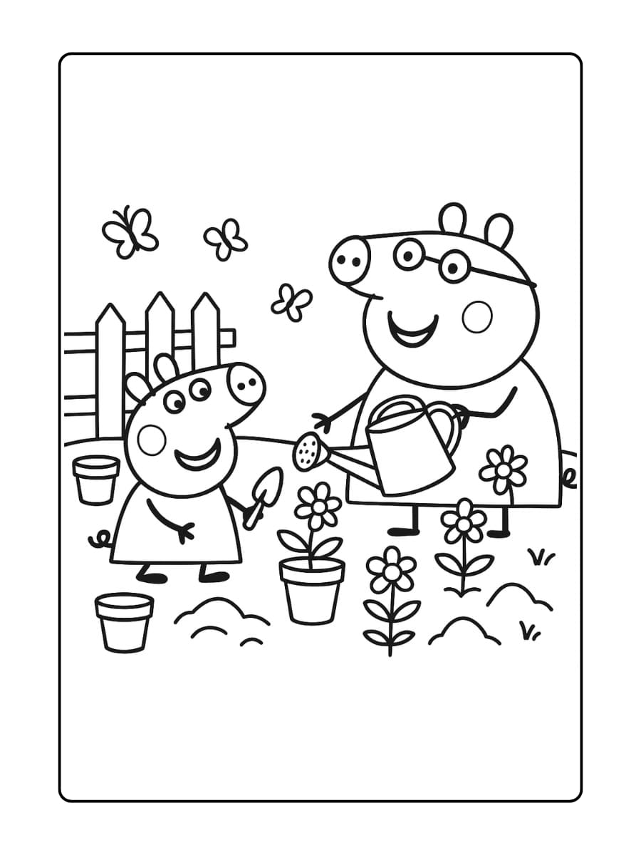 Kleurplaat van Peppa Pig die samen met Oma Big bloemen plant in de tuin.