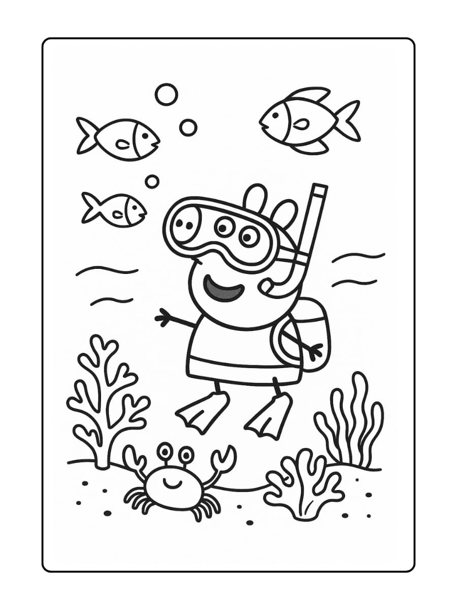 Kleurplaat van Peppa Pig die onder water snorkelt tussen vissen en bellen.