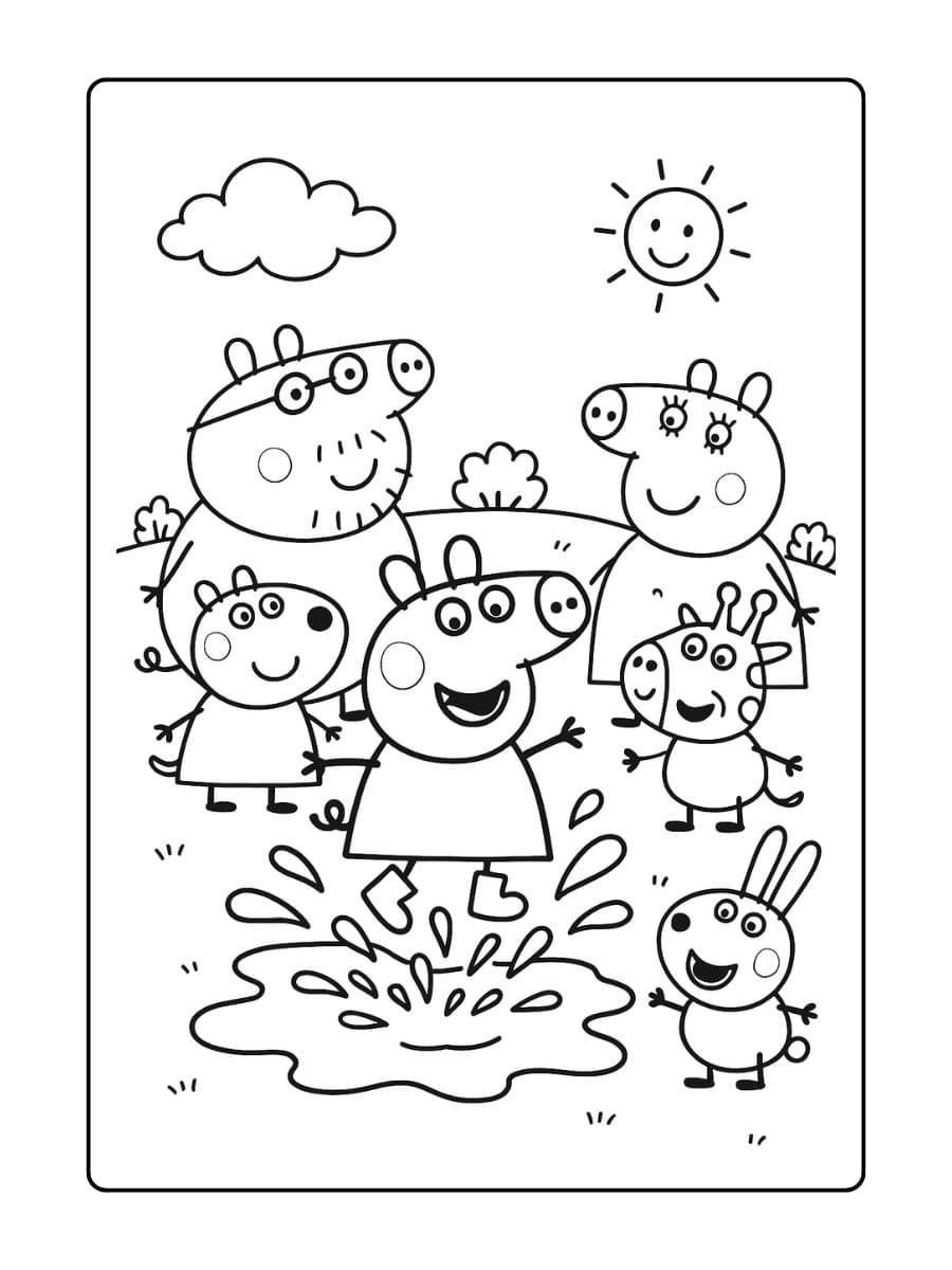 Kleurplaat van Peppa Pig die vrolijk in modderplassen springt met laarsjes aan.