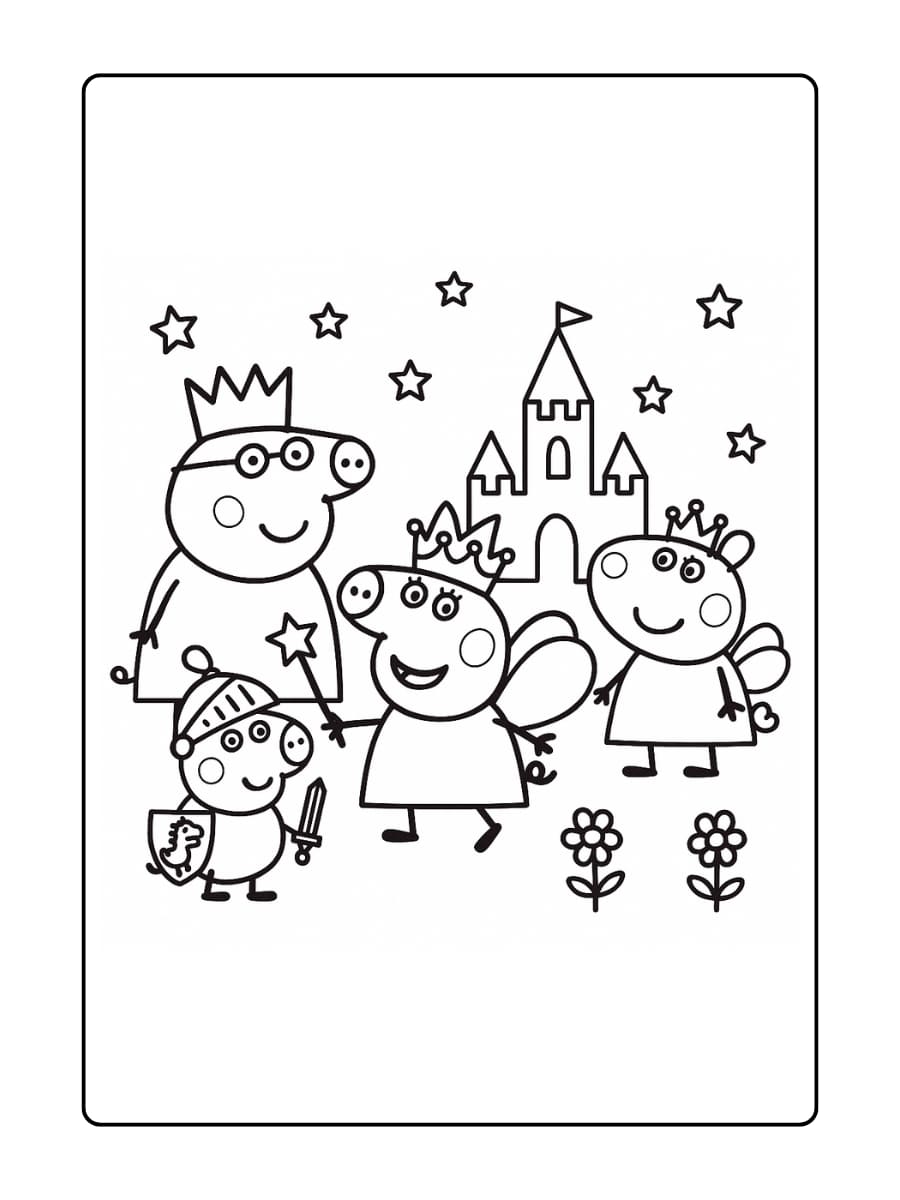 Kleurplaat van Peppa Pig verkleed als feeënprinses met een toverstaf en vleugels.