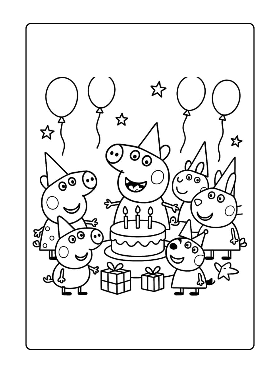 Kleurplaat van Peppa Pig die haar verjaardagsfeestje viert met ballonnen en een taart.
