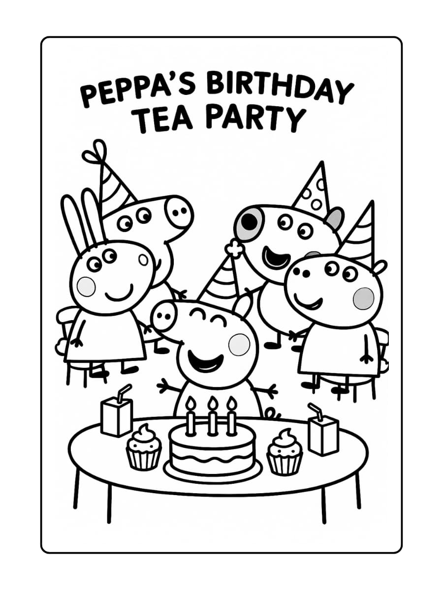 Kleurplaat van Peppa Pig op haar verjaardagsfeestje met ballonnen, taart en slingers.