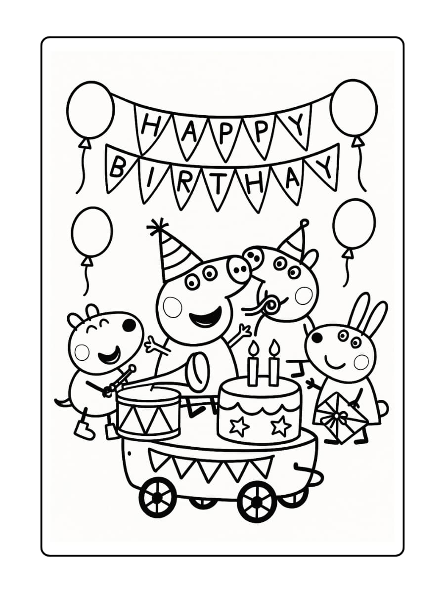 Kleurplaat van Suzy Sheep, Danny Dog en Rebecca Rabbit die feestvieren met ballonnen.