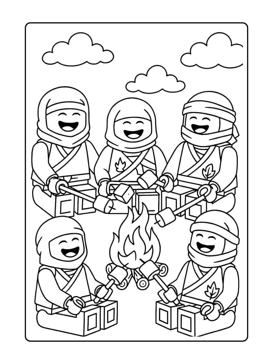 Alle ninja’s lachen rond een kampvuur met marshmallows