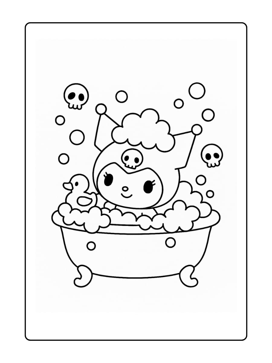 Badtijd Kuromi Zich laten verwennen in een bubbelbad met een rubberen eendje en schedelvormige bubbels die omhoog drijven