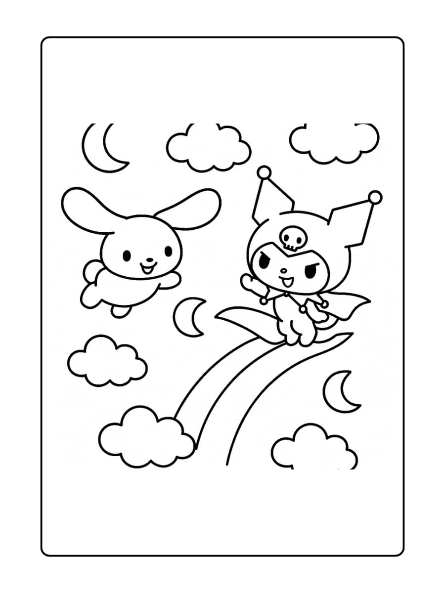Beiden vliegen in de lucht - Cinnamoroll met zijn flaporen, Kuromi met haar cape
