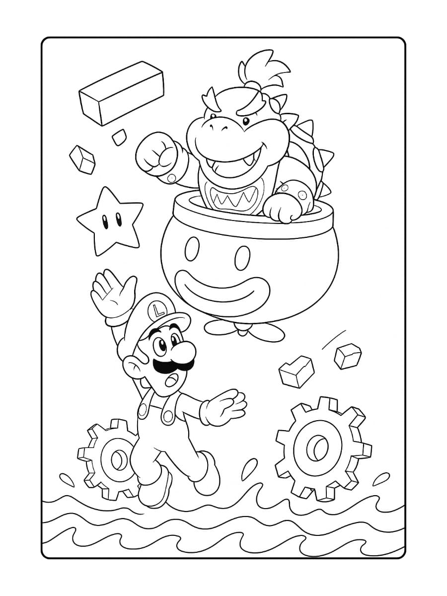 Bowser junior kleurplaat – Op een vliegend platform