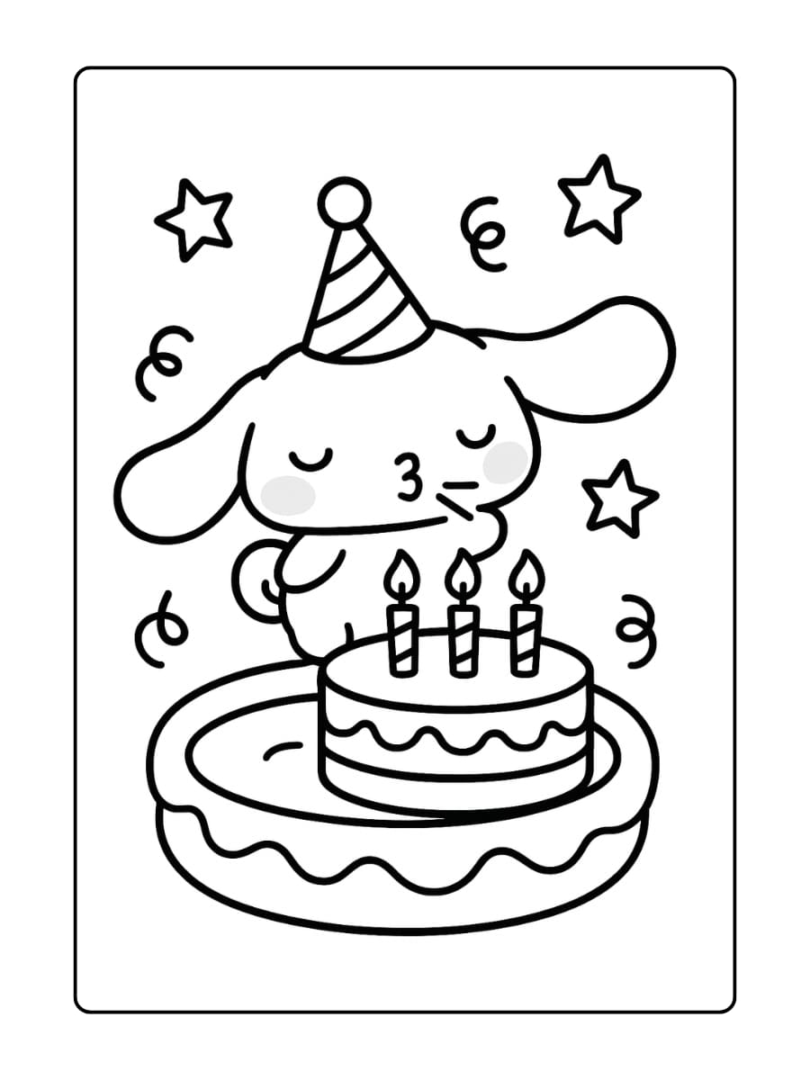 Cinnamoroll draagt ​​een feestmuts en blaast kaarsjes uit op een taart