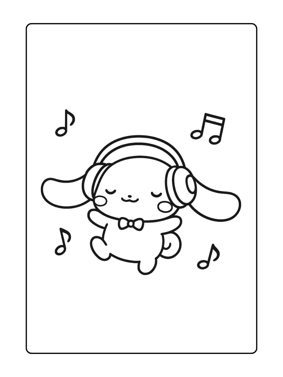 Cinnamoroll draagt ​​een koptelefoon en luistert naar muziek