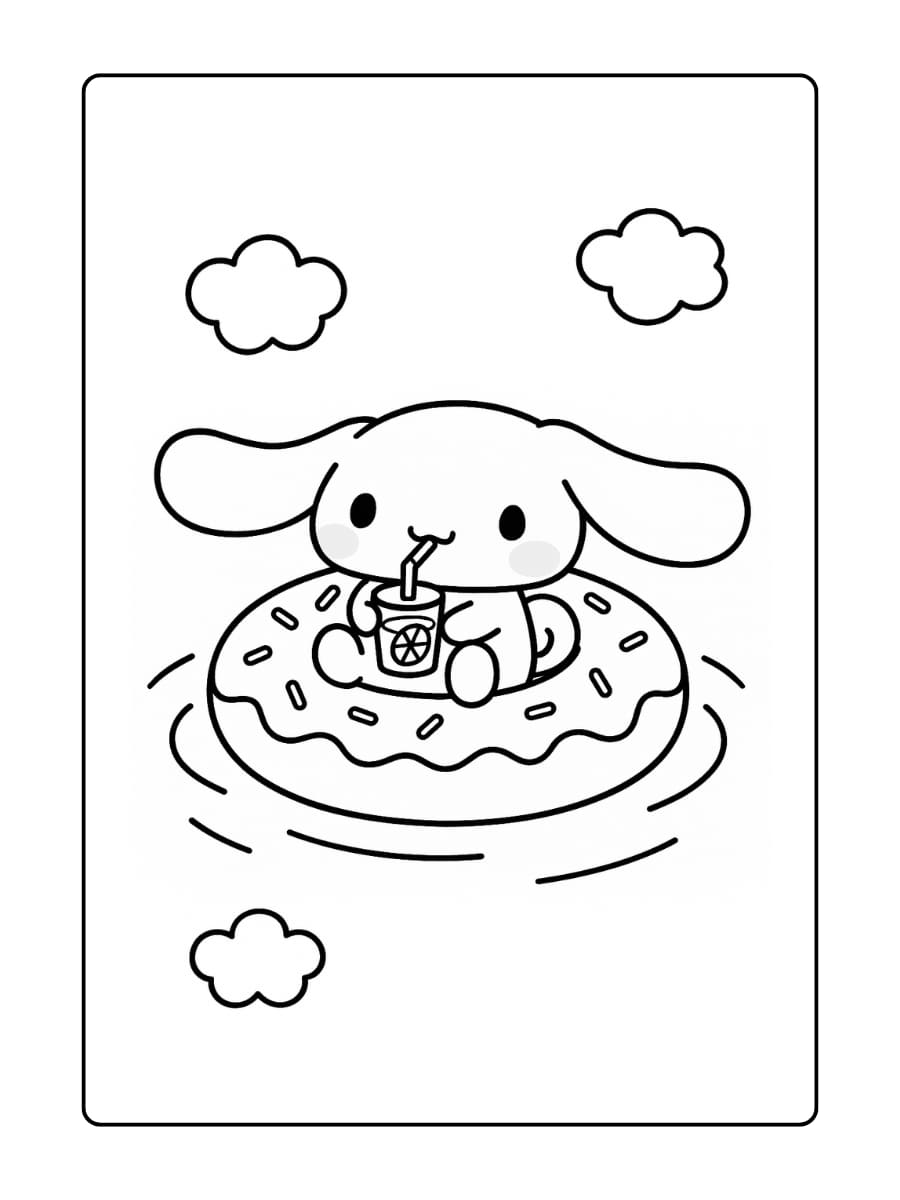 Cinnamoroll drijvend in een donutvormig zwembandje in een klein zwembad, vruchtensap drinkend