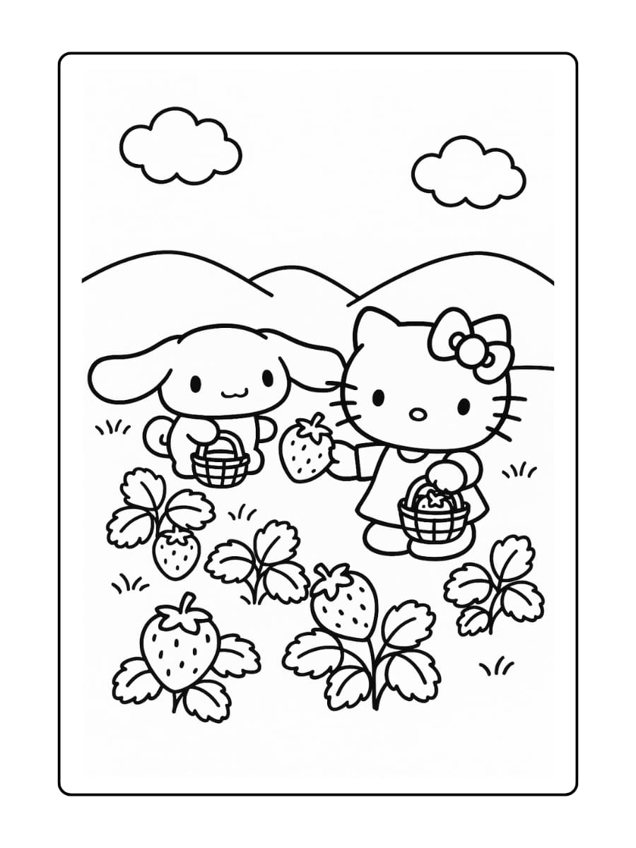 Cinnamoroll en Hello Kitty plukken aardbeien in een veld met kleine mandjes
