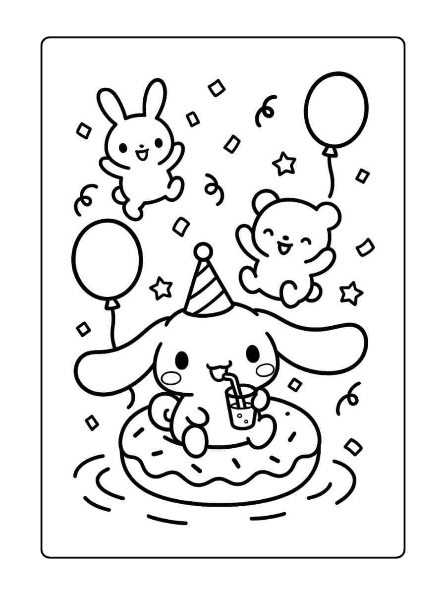 Cinnamoroll en vrienden spelen met ballonnen en confetti