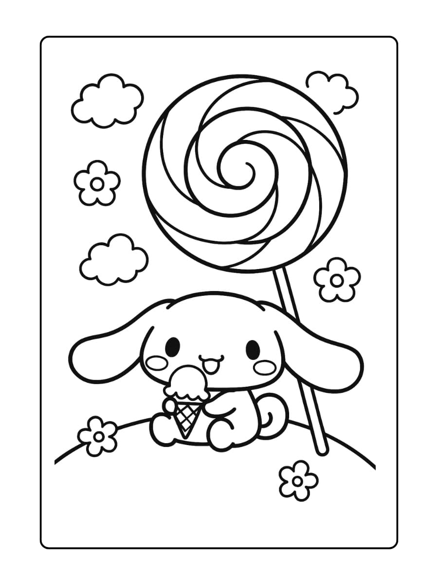 Cinnamoroll geniet van een ijshoorntje onder een lollyvormige parasol